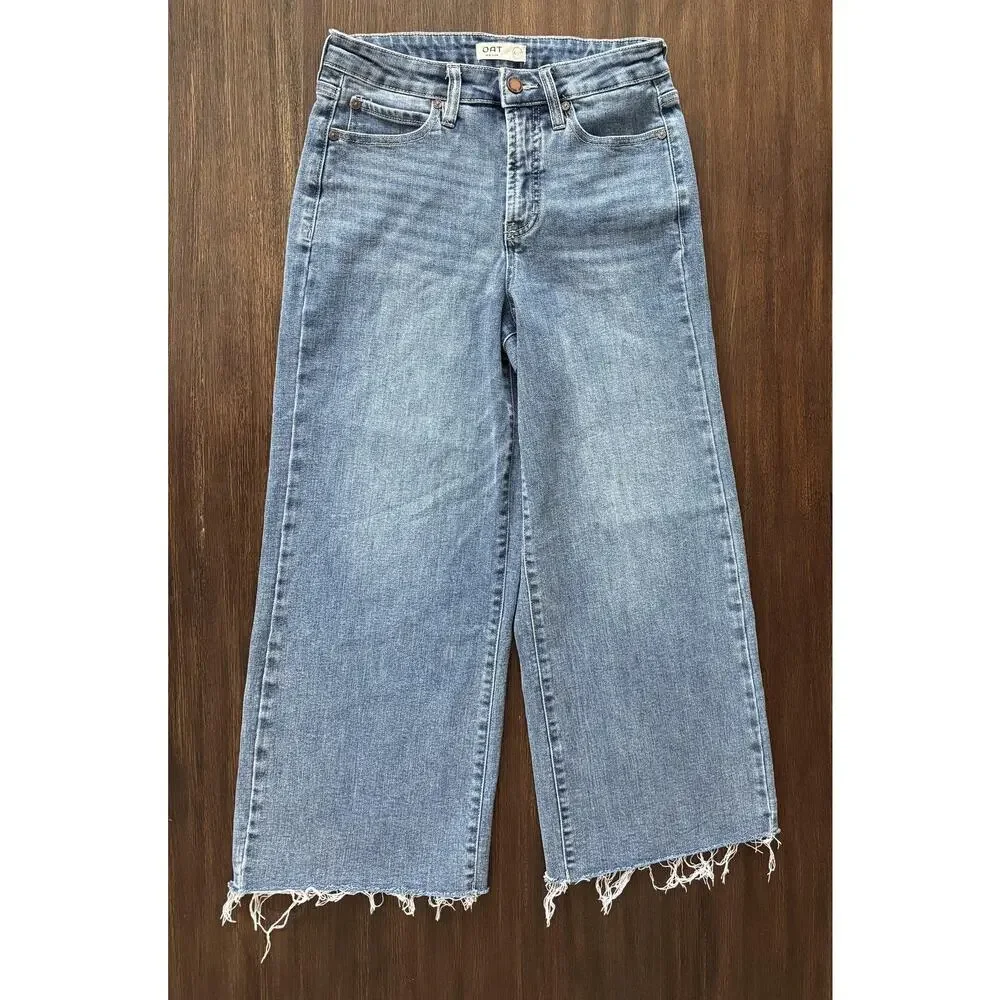OAT Jeans Womens 4/27 Blue Mid Rise Wide Leg Crop Frayed Raw Hem Denim - Picture 1 of 9
